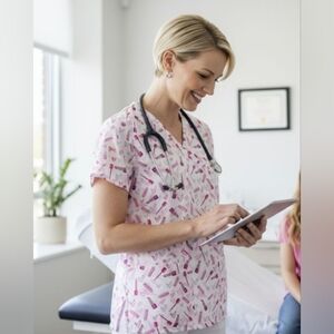 Divine Curves Women's Size 1X Medical Scrub Top W24" X L28" Pink Lipstick/Hearts
